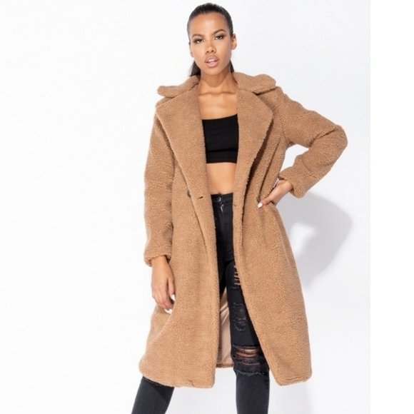 Jackets & Blazers - Brown Double Breasted Long Sleeve Long Maxi Borg Teddy Bear Fur Coat